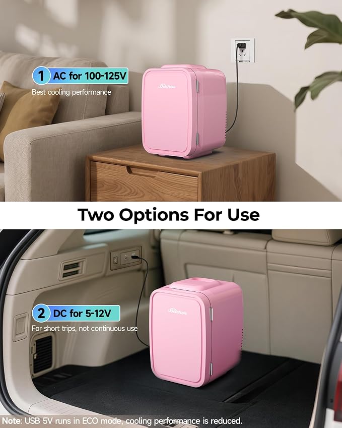 BEICHEN Mini Fridge, 4 Liter/6 Can Portable Refrigerator for Bedroom Office Dorm Car– Fast Cooling, Low Noise, 100-125V AC/5-12V USB Small Compact Refrigerator for Skincare, Food, Drinks(Pink)