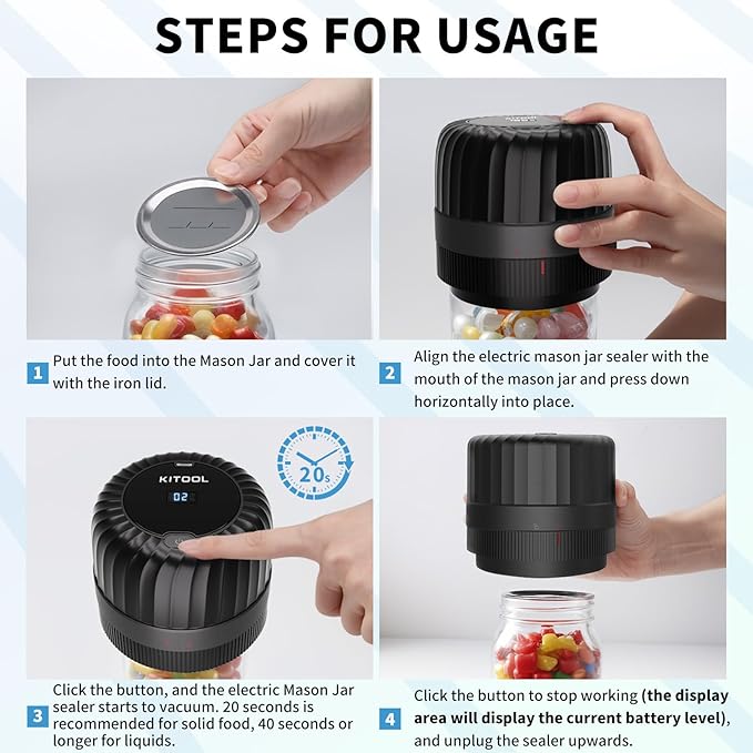 Electric Mason Jar Vacuum Sealer Kit for Wide-Mouth & Regular-Mouth Mason Jars, Food Saver Vacuum Canning Sealer Machine Includes 10 Jar Lids