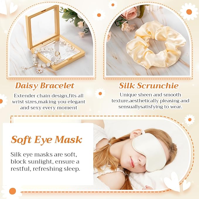 Vesici 73 Pcs Spa Sleepover Party Supplies Bulk Women 8 Sets Slumber Birthday Bridesmaid Gift Crochet Flower Glass Cup Eye Mask Hair Ties Gift Bag Bracelets Scrunchies Headband(Daisies,Beige)