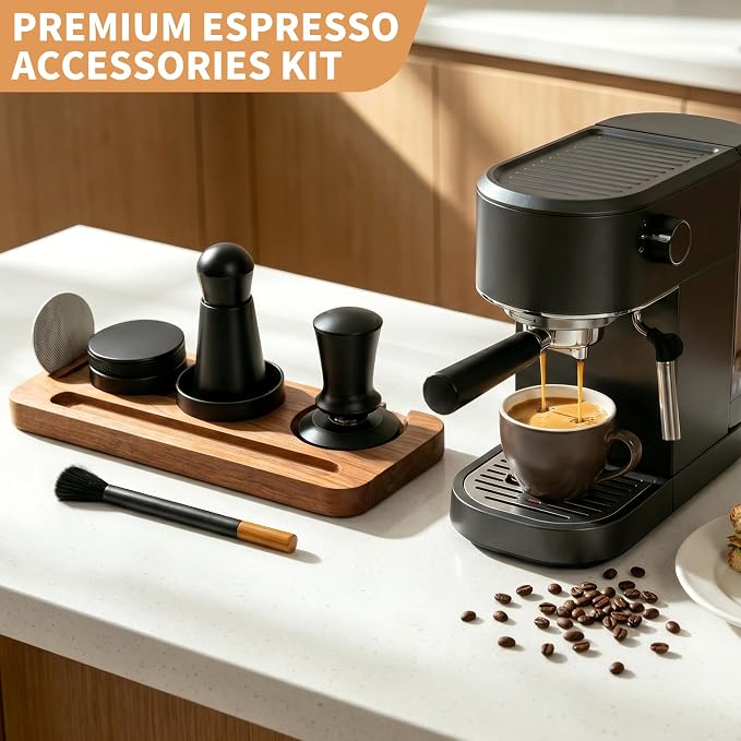 7-Piece 51mm Espresso Accessories Kit with Wood Tamping Station | Wood tamping station with tamper, distributor, WDT tool, dosing funnel, milk pitcher and puck screen for home espresso