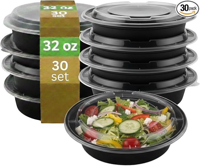 [32 oz Round Meal Prep Containers with Lids – BPA-Free Food Storage Containers, Bento Box for Restaurant & Catering Use, Stackable, Microwave, Dishwasher, Freezer Safe – 30 Pack