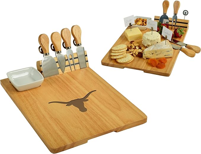 NCAA Texas University at Austin Officially Licensed Longhorns Bamboo Cheese/Charcuterie Board with Ceramic Bowl, Knife set & cheese Markers