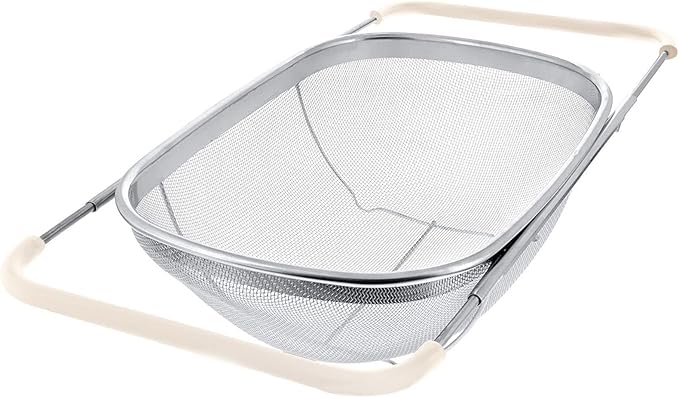AJIODA Over The Sink Colander, 6 Quarts Stainless Steel Oval Colander with Expandable Rubber Grip Handle, Fine Mesh Strainer Baskets Kitchen Colanders for Strain, Drain, Rinse Vegetable, Fruits, Beige