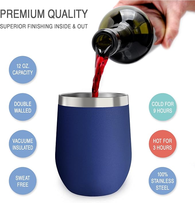 CHILLOUT LIFE 12 oz Stainless Steel Wine Tumbler with Lid - Double Wall Vacuum Insulated Wine Cup Glass Keeping Cold & Hot for Coffee, Champagne, Cocktails, Ice Cream - Powder Coated Navy Blue