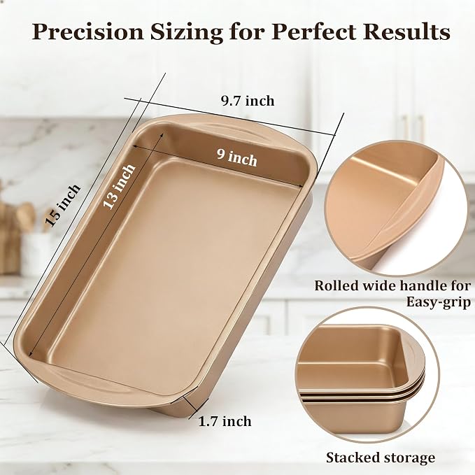 9x13 Nonstick Baking Pan 2 Pack – Heavy-Gauge Carbon Steel Cake Pan，Warp-Resistant & PFOA Free, Even Heating for Lasagna, Sheet Cake, Brownies & Meal Prep, Wide Handles Golden