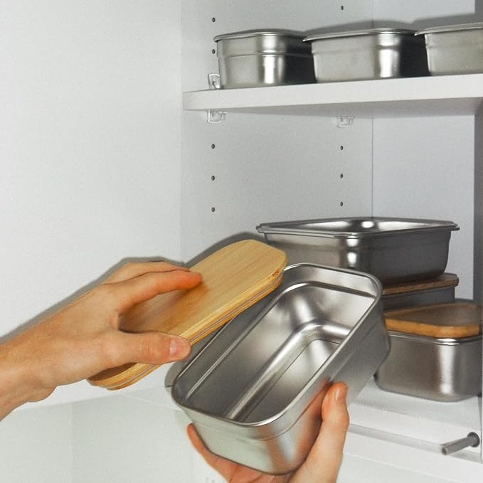 Stainless Steel Food Containers with Bamboo Cutting Board Lids | Set of 3 Reusable Meal Prep Boxes | Airtight Leak-Resistant | Dishwasher Safe | BPA-Free | 2, 4, 6 Cup Sizes