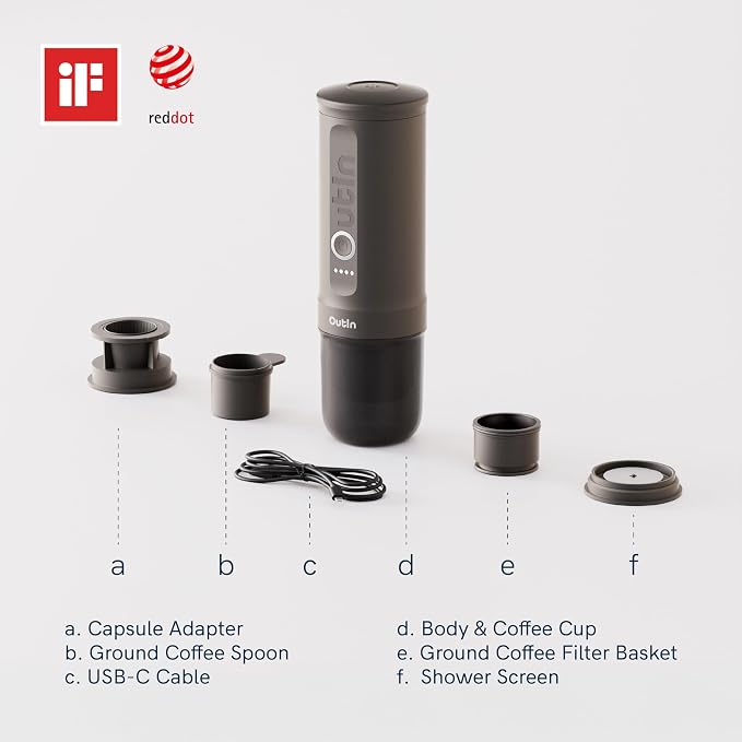 OutIn Nano Portable Electric Espresso Machine, Travel Coffee Maker for Camping, Car Coffee Maker Self-Heating with USB-C, With Ground Coffee & NS Capsule for RV, Hiking, Office