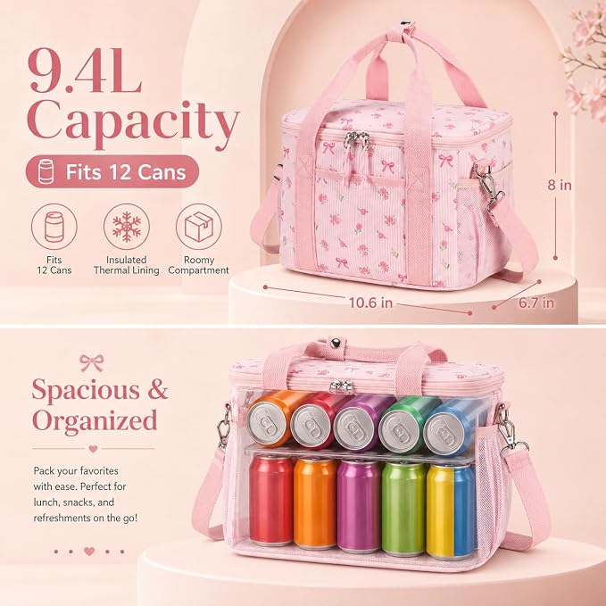 BTOOP Insulated Lunch Box for Women, Cute Corduroy Lunch Bag with Shoulder Strap, Leakproof Wide-Open Lunch Tote for Work, Office, School, Picnic Bow-Floral Pink-1