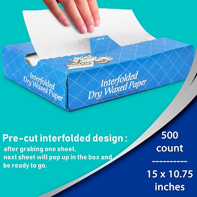 Fit Meal Prep 500 Sheets 15 x 10.75” Dry Wax Paper Sheets for Food, Greaseproof Sandwich Wrapping, Interfolded Deli Wax Paper for Fries, Burgers, Food Basket, Made in USA
