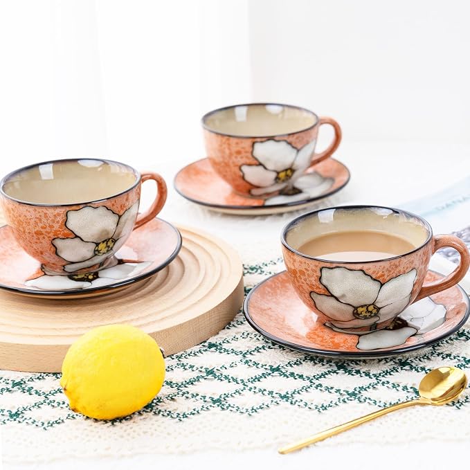 8 Oz Floral Porcelain Cappuccino Cups with Saucers Set of 4, Stoneware Tea Coffee Mugs for Home Kitchen & Office, Dishwasher Microwave Oven Safe, for Espresso, Latte, Americano, Milk & Tea, Pink