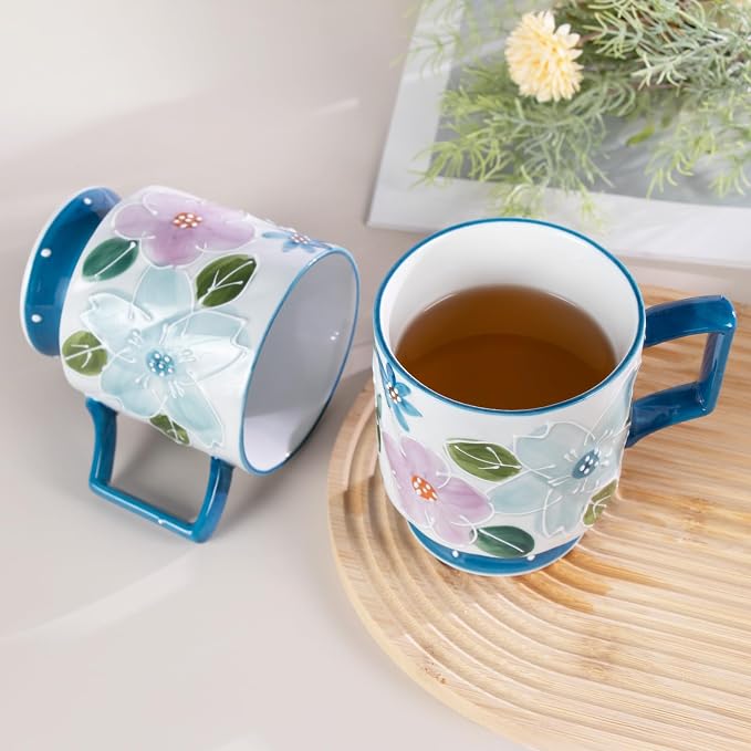 KAMMAK Ceramic Blue Coffee Mug, 15oz Large Mugs Set of 2, Novelty Cup for Tea, Juice, Milk, Cute Porcelain Water Cups with Handle for Women, Dishwasher and Microwave Safe