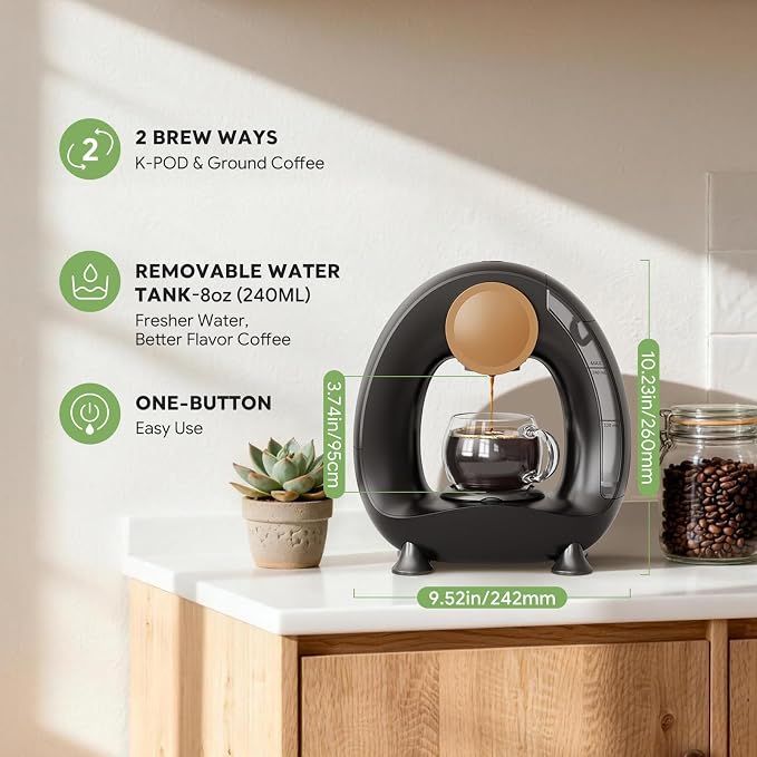 Single Serve Coffee Maker 2 in 1, 1400W Fast Brewer for K-Cup Pods & Ground Coffee, One-Touch Americano & Tea Machine with 2 Reusable Filters, Compact Design for Home Office RV Dorm