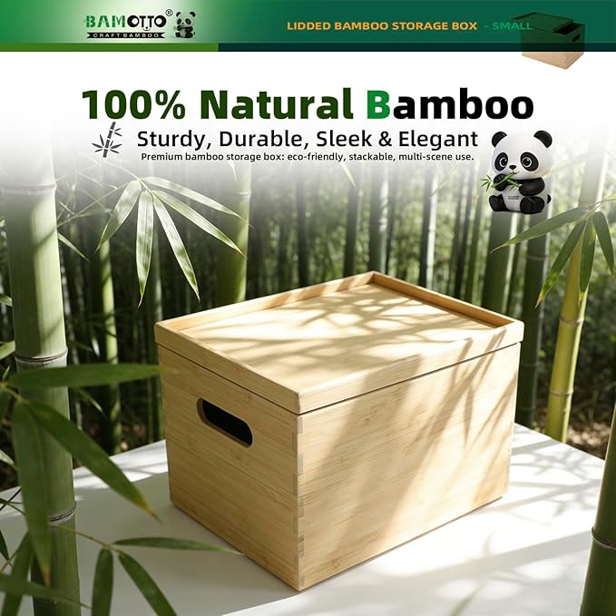 BAMOTTO CRAFTBAMBOO 10.2”x7.3”x6.5” Lidded Storage Bins - Stackable Bamboo Box/Cube/Basket with Handles for Home Kitchen Office, Organize Tableware Clothing Toys Books