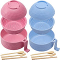 2 Sets Microwave Ramen Bowl 40 oz Wheat Fiber Portable Instant Noodle Cooker Bowl with Handles Strainer Spoon Chopstick Fork College Dorm Room Apartment Essentials(Pink, Light Blue)