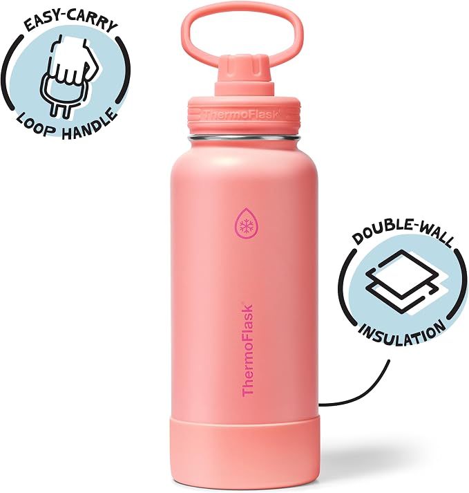 ThermoFlask Insulated Water Bottle with Spout Lid (32 oz, Sunkissed Coral) - Leakproof, Stainless Steel Water Bottle for Cold & Hot Drinks, Travel & Daily Hydration