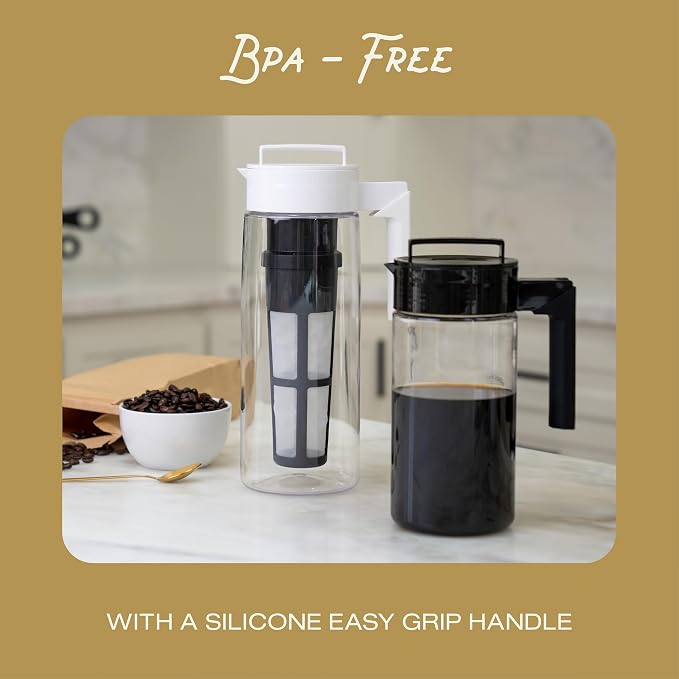 Takeya Deluxe Cold Brew Coffee Maker-BPA-Free Tritan Pitcher with Airtight Leakproof Lid,Silicone Grip Handle, Fine-Mesh Filter-Shatter-Proof, Dishwasher Safe, Made in USA-1 Quart/Black (Pack of 4)