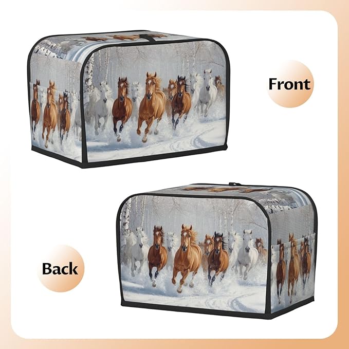 2 Slice Toaster Cover for Kitchen Horses Snow Winter Waterproof and Dustproof Oxford Fabric Toaster Dust Cover with Side Pockets Decorative Universal Cover for Wide Slot Toasters and Small Appliances