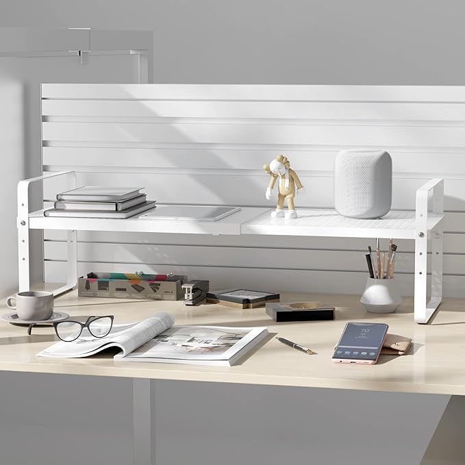 Expandable Cabinet Shelf Organizer Adjustable Metal Spice Rack Stackable Freestanding Counter Storage Shelves for Kitchen Cabinet Under Sink Office Desk (White - 1Pack - L16.5-27'' * W10.2'' * H9.6'')