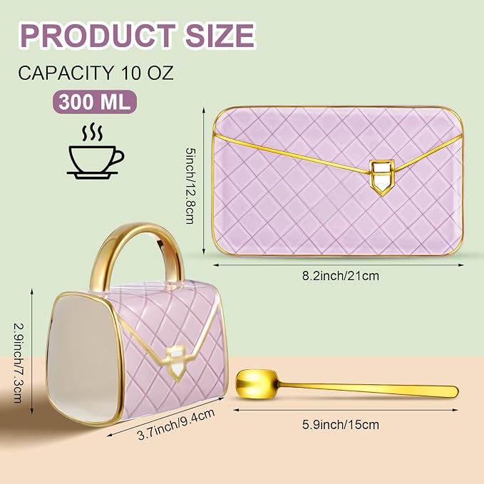 Zubebe 1 Set Coffee Mug Elegant Handbag Shaped Cup Modern Ceramic Purse Mug with Spoon and Saucer, 10oz Cute Creative Tea Cup for Woman Girls Gift (Purple)