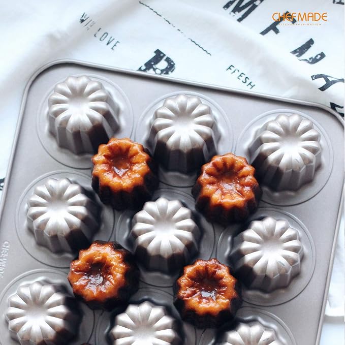 CHEFMADE Canele Mold Cake Pan, 12-Cavity Non-Stick Canele Muffin Bakeware Cupcake Pan for Oven Baking (Champagne Gold)
