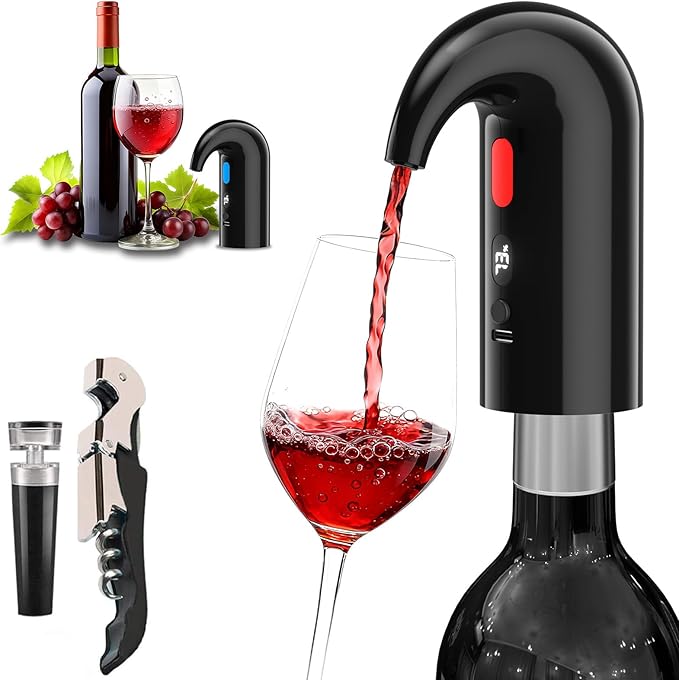 Electric Wine Aerator & Decanter Pump – Perfect Mother’s Day Gift: Quiet Dual-Pump Aeration, Measured Pouring, Temp Display & USB Rechargeable System – Professional Wine Tool for Home Bars (Black)