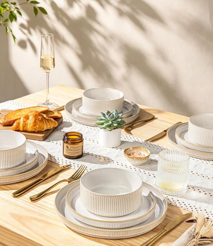 GBHOME Stoneware Dinnerware Sets for 4, 12 Pieces Lightweight Ceramic Ribbed Plates and Bowls Set,Reactive Glaze Stackable Plate Sets,Scratch Resistant Dishes,Microwave & Dishwasher Safe,Vanilla Latte