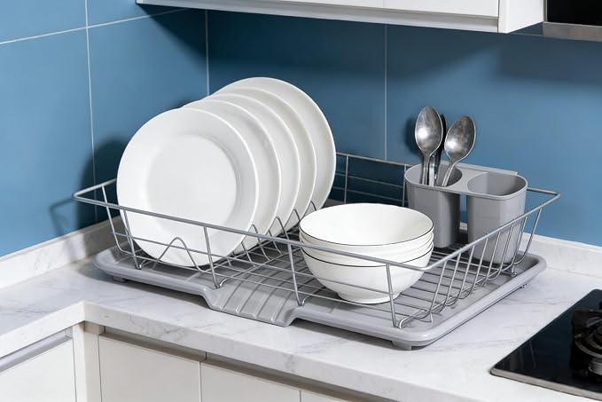 Dish Drying Rack for Kitchen Counter, Stainless Steel Sink Organization and Storage Essentials with Cutlery Holder, Home and Appartment Decor, 12''W x 15.5''L, Silver