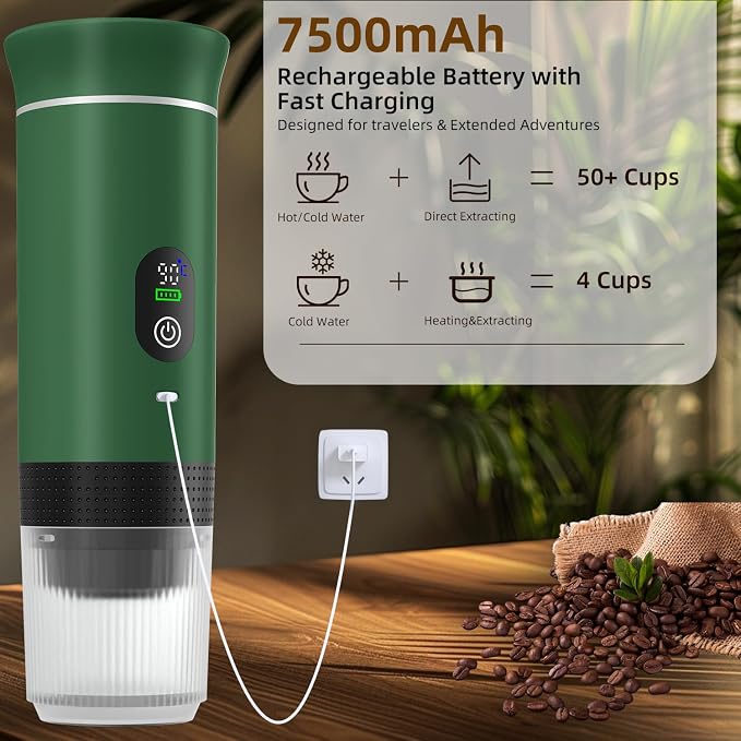 Portable Coffee Maker for Travel & Camping, Portable Espresso Maker with Bag, Rechargeable Cordless Battery Operated Coffee Makers for Ground Coffee, NS Capsule RV, Hiking, Office(Green)