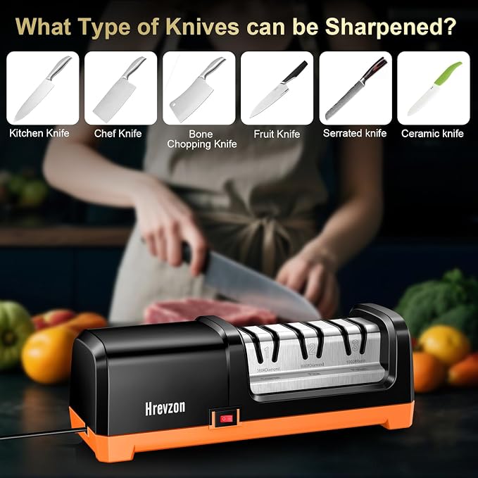 2026 New Electric Knife Sharpener for Kitchen Knives, 3-Stage Professional Automatic Quickly Sharpening/Polishing System with 100% Diamond Abrasives, 20° Precision Angle, Non-Slip Base, Black/Orange