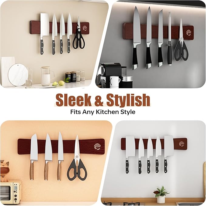 Magnetic Knife Strip, Magnetic Knife Holder for Wall 16 Inch, Solid Oak Wood Knife Magnetic Strip with N52 Super Strong Magnets, Wooden Knife Bar, Knife Holder Organizer for Kitchen Knives, Tools