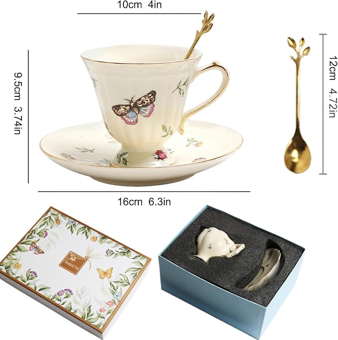 Porcelain Tea Cup and Saucer Set, 8.5 oz/250 ml Ceramic Coffee Mug with Saucer and Spoon, Vintage Coffee Cup with Gold Trim and Gift Box for Mom Women Mother's Day, Butterfly Pattern