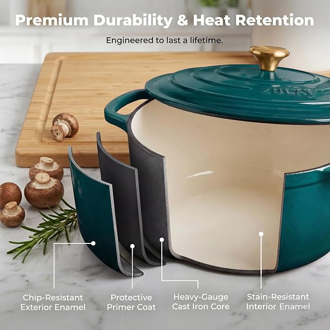 Zulay Kitchen 5 Quart Enameled Cast Iron Dutch Oven Pot with Lid – Premium Durability & Oven Safe up to 500°F – Heavy Duty Cookware Perfect for Bread Baking, Stews, Braising & Roasting – Emerald