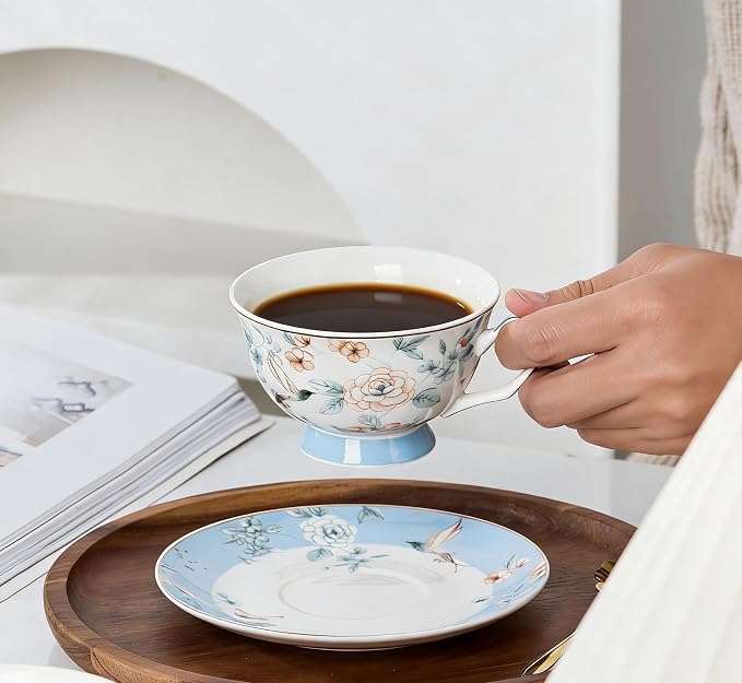 Jusalpha Porcelain Tea Cup and Saucer Set with Golden Spoon, Blue Floral Pattern, 12 Piece, 7 Oz, Modern Style, Hand Wash