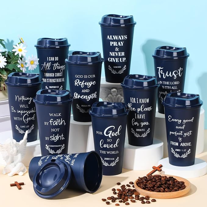 Skylety 20 Pack Bulk Christian Gifts for Men Women 16oz Reusable Bible Verse Tumbler Plastic Coffee Cup with Lid Inspirational Religious Church Gift for Teacher Graduation Party Favor (Blue)