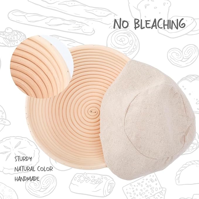 DOYOLLA Proofing Baskets for Sourdough Bread Making, Dough Proofing Bowls Kit with Cloth Liner + Scoring Lame + Scraper for Professional & Home Sourdough Bakers (Round,8.5 inch,Set of 2) | Handmade Rattan