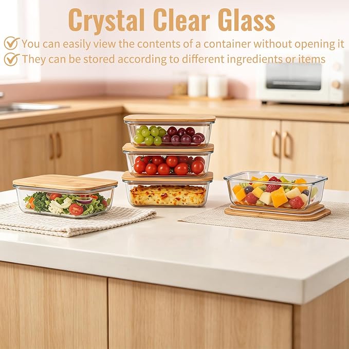 6 Pack Glass Food Storage Containers with Bamboo Lids, Stackable Meal Prep Containers, Clear Airtight Glass Bowls for Microwave, Oven, Freezer & Dishwasher Safe