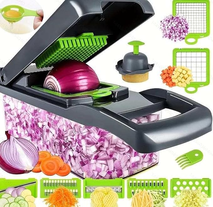 Vegetable Chopper, Pro Onion Chopper Multifunctional 16-in-1 Food Slicer, Premium Copper-Infused Vegetable Cutter with 12 Stainless Steel Blades, Manual Dicer & Bread Slicer