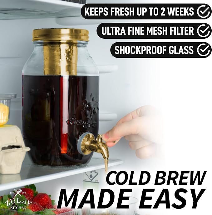 Zulay Kitchen 1.5 Liter Cold Brew Coffee Maker with EXTRA-THICK Glass Carafe & Stainless Steel Mesh Filter - Premium Iced Coffee Maker, Cold Brew Pitcher & Tea Infuser (Gold)…