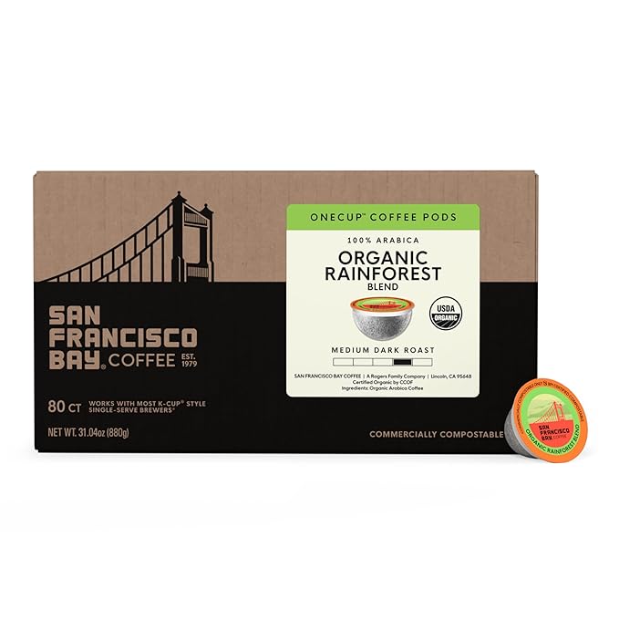 San Francisco Bay K-Cup Coffee Pods, Organic Rainforest Blend (80 ct), Medium-Dark Roast, Commercially Compostable USDA Organic Single-Serve Coffee Pods