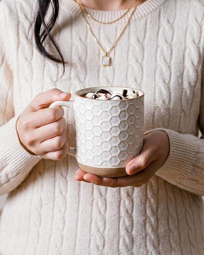 GBhome Large Coffee Mugs Set of 6, 16oz Handmade Stoneware Coffee Mugs Set with Large Handle for Cappuccino/Latte/Tea/Hot Cocoa, Dishwasher & Microwave Safe, Off White