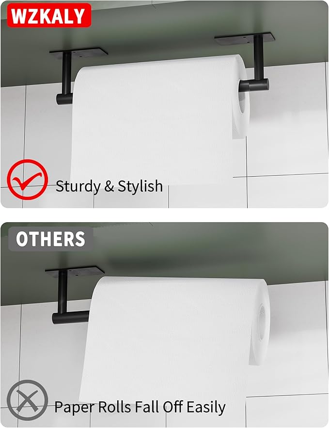 Paper Towel Holder Under Cabinet, Self Adhesive or Wall Mounted SUS304 Stainless Steel Paper Towel Holder for Kitchen, Bathroom(2 Towel Hooks, Matte Black)