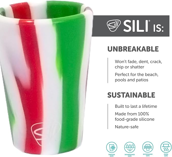 Silipint 1.5oz Silicone Shot Glasses – Pack of 2 Unbreakable, BPA-Free, Non-Toxic, Dishwasher & Freezer Safe Cups – Colored Shot Glasses for Cold Beverages, Cocktails, Travel, Party (Poinsetta Stripe)
