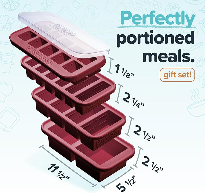 Souper Cubes Silicone Freezer Molds Gift Set, Cranberry | 2 Tbsp, 1/2 Cup, 1 Cup and 2 Cup Silicone Molds for Food Set, Perfect for Freezing Soup, Grains, Proteins, Herbs and More
