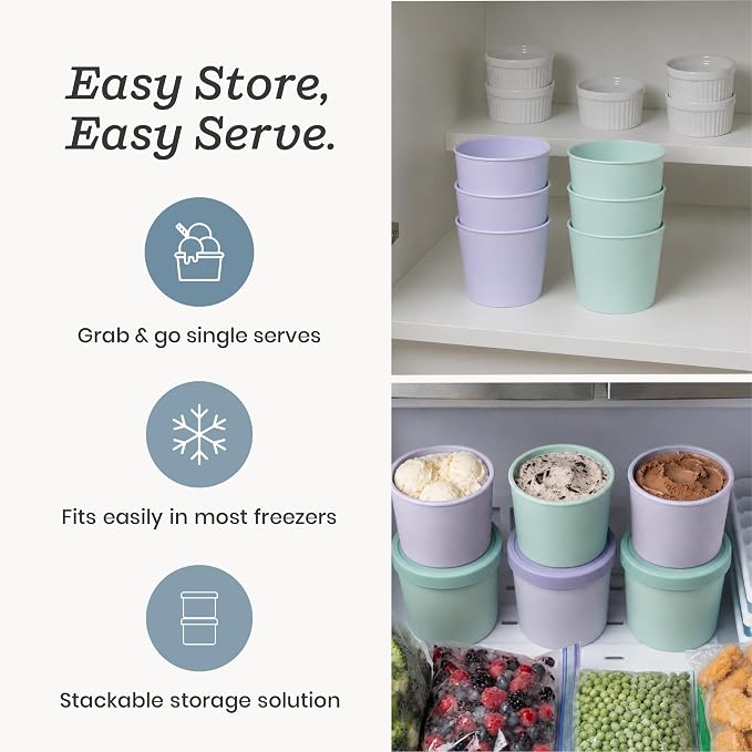 Starpack Freeze The Day Cute Small Ice Cream Freezer Containers (6-Pack, 13.5oz) - Single Serve with Silicone Lids - BPA-Free, Airtight, Reusable, Homemade Ice Cream, Frozen Yogurt, Lavender & Mint