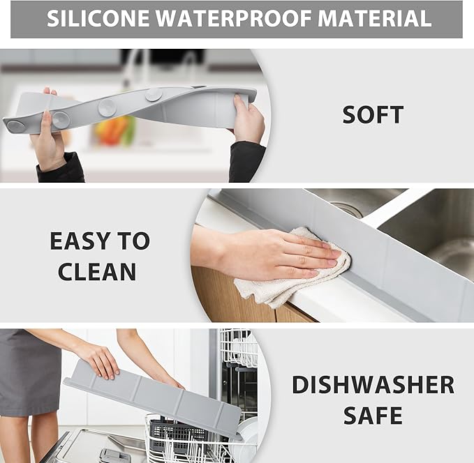 20Inch Silicone Sink Splash Guard with Strong Suction Cups, Flexible Kitchen Sink Splash Guard for Front/Back of Sink, Easy to Clean Splash Guard for Kitchen & Bathroom (Grey, 20.5''x2.8'')