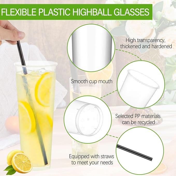 Plastic Highball Glasses with Straws(set of 48), 32 oz Shatterproof Drinking Cups, Tall Whiskey Collins Glass with Straws, Smoothie Tumbler Mojito Cocktail Cups for Wedding Fall Xmas Party