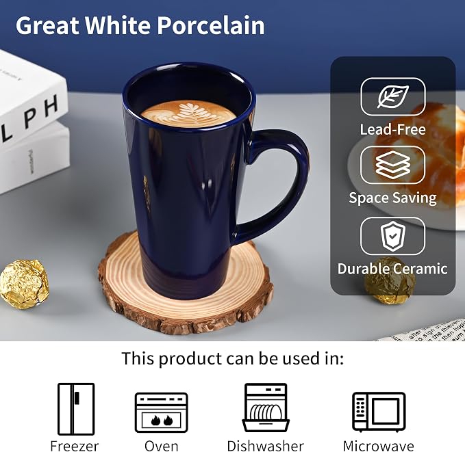 BYCNZB 16oz Funnel Ceramic Tall Coffee Mugs for Coffee, Tea, Cocoa, Latte, Milk set of 4(Cobalto)