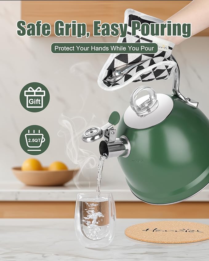 Harriet Tea Kettle Stovetop, 2.5 Quart Whistling Stainless Steel Tea Pot, 3-Layer Base, Unique Ergonomic Handle, Includes Pot Holder & Mat, Electric/Induction/Gas Stovetops Applicable, Green
