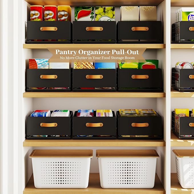 Pull Out Cabinet Organizer, No-Drill Pantry Drawers, Slide Out Shelves with Bamboo Risers for Lipped Cabinets,Ideal for Kitchen, Bathroom & Under Sink Storage (Black, 9.8" Wide-15.7" Deep)