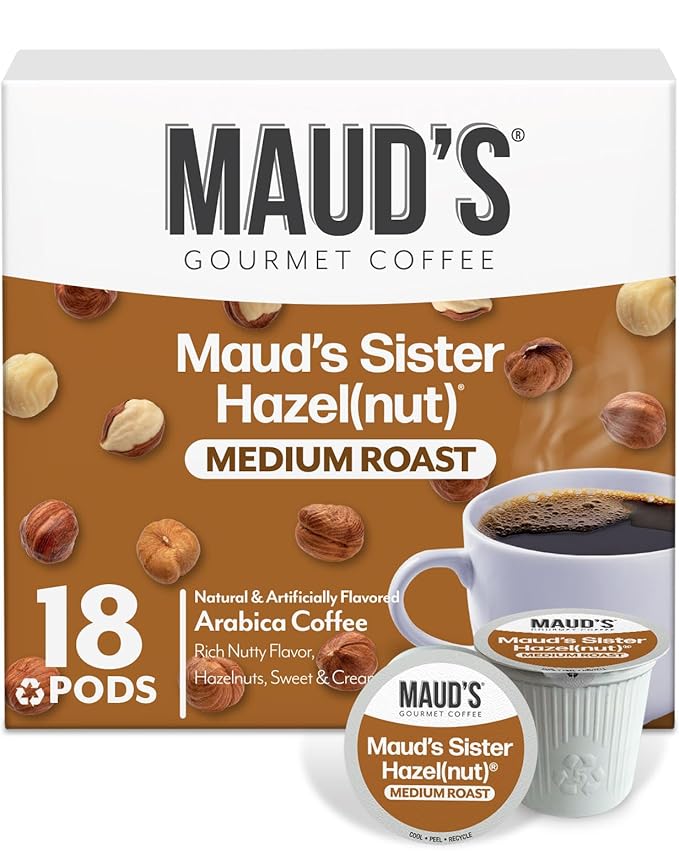 Maud's Sweet Hazelnut Flavored Coffee Pods, 18 ct, Medium Roast Flavored Coffee in Single Serve Pods – 100% Arabica Beans, Compatible with Keurig K Cups Maker